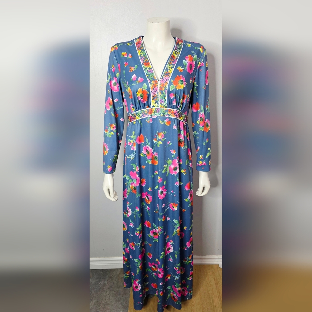 Vintage 1970s‎ Hal Ferman Neon Floral Long Sleeve Maxi Dress